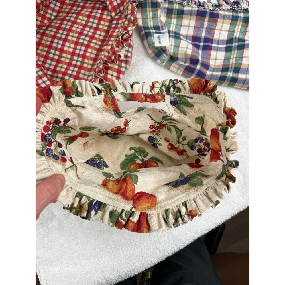 Longaberger Basket Liners Set of 3 Red Plaid Blue Green Plaid Fruit Print Ruffle